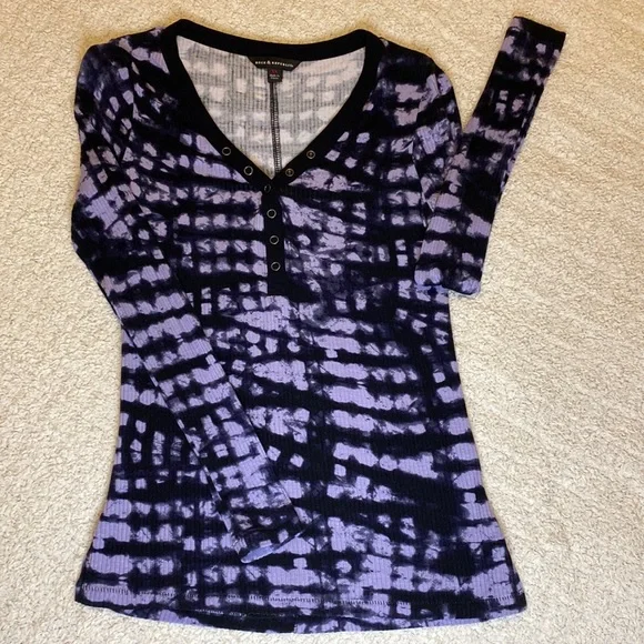 Rock & republic womens shirt tie-dye black purple snap button ribbed XS - Picture 3 of 16